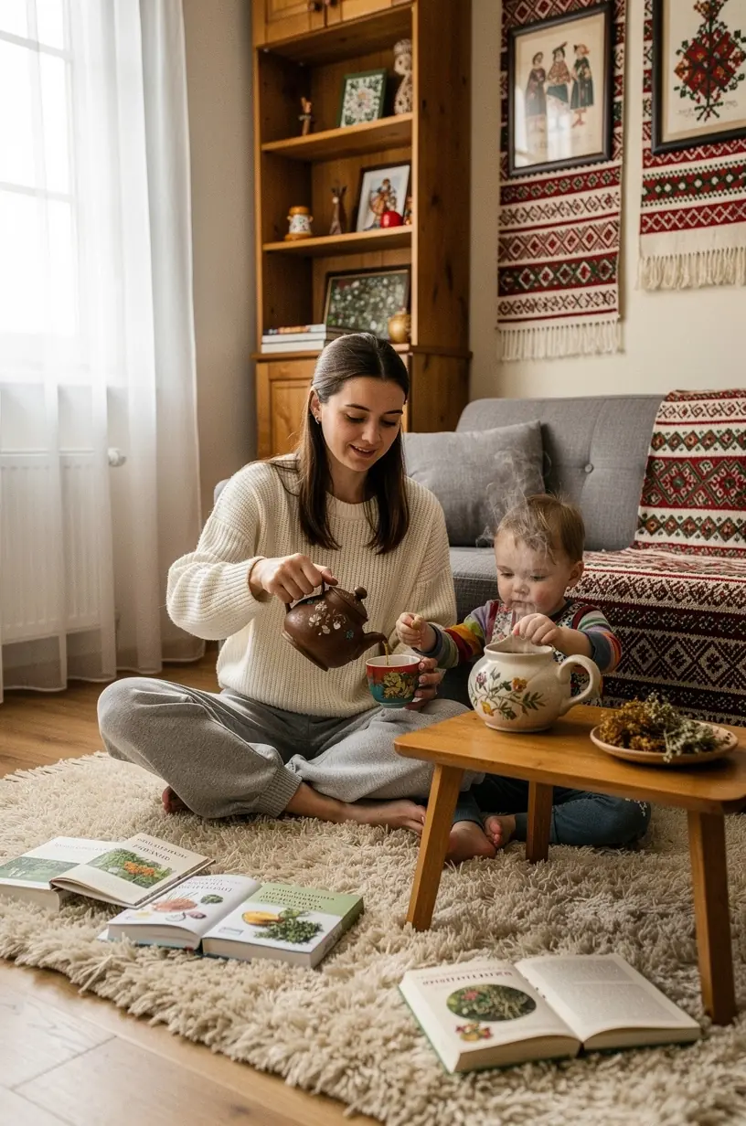 Įvairių rūšių arbatos indeliai su šviežiais ingredientais edukaciniame fone.