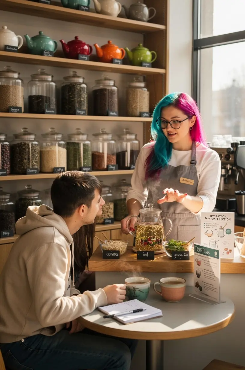 Medinis padėklas su arbatos puodeliais ir džiovintais žolelių lapais sveikatos skatinimui.